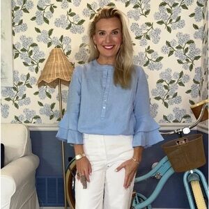 Madison Mathews Diane Linen Shirt With Long Ruffle Sleeve Sky Blue Size Medium